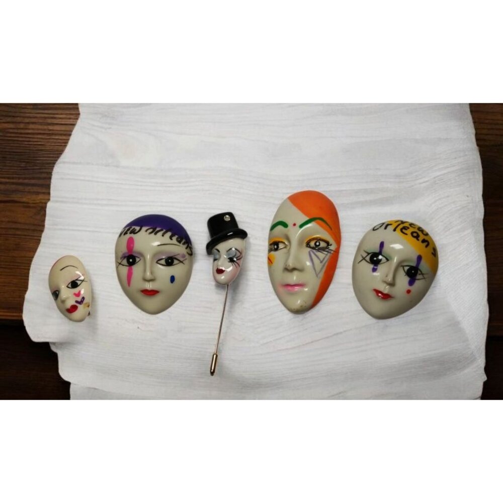 Ceramic Brooch & Stick Pin Harlequin Mask Lot New Orleans French Quarter 1988